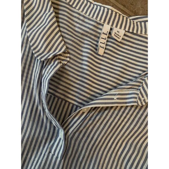 Elle XL Sheer Blue White Stripe Collar Pullover Tank Top Gold Thread Zip Side - Picture 4 of 9